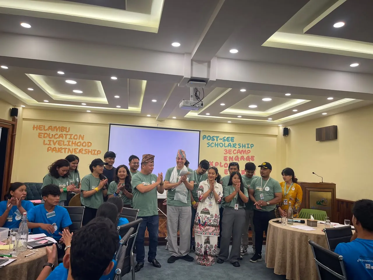The 3E Camp gathering in Nagarkot, Nepal — the HELP team and scholars together in the camp hall